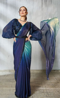 Royal Blue Satin Silk Soirée Saree | Beads & Sequence Embroidery with Crushed Sleeve Belt