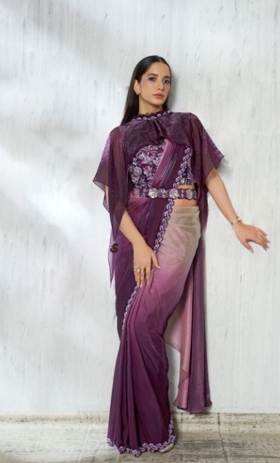 Wine Satin Silk Soirée Saree | Beads Embroidery with Fancy Poncho Belt