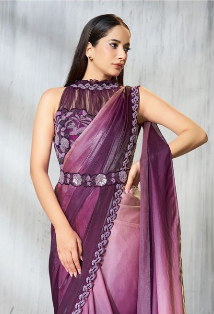 Wine Satin Silk Soirée Saree | Beads Embroidery with Fancy Poncho Belt