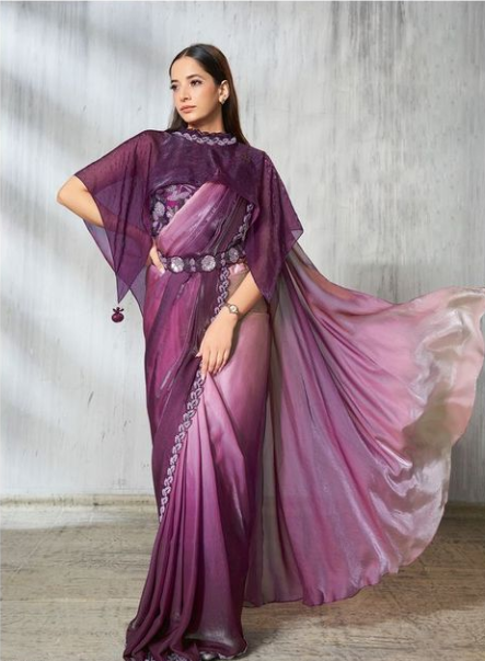 Wine Satin Silk Soirée Saree | Beads Embroidery with Fancy Poncho Belt