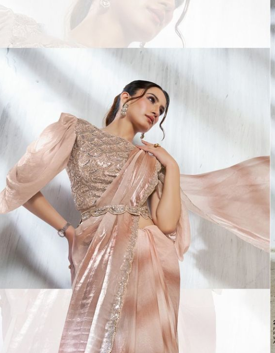 Tusser Satin Silk Soirée Saree | Beads Embroidery with Shaded Lehariya Print