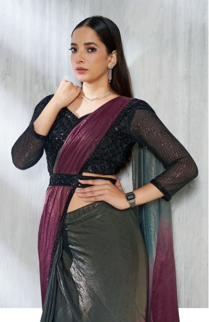 Dual Green-Wine Satin Silk Soirée Saree | Beads & Sequence Embroidery with Fancy Sleeves