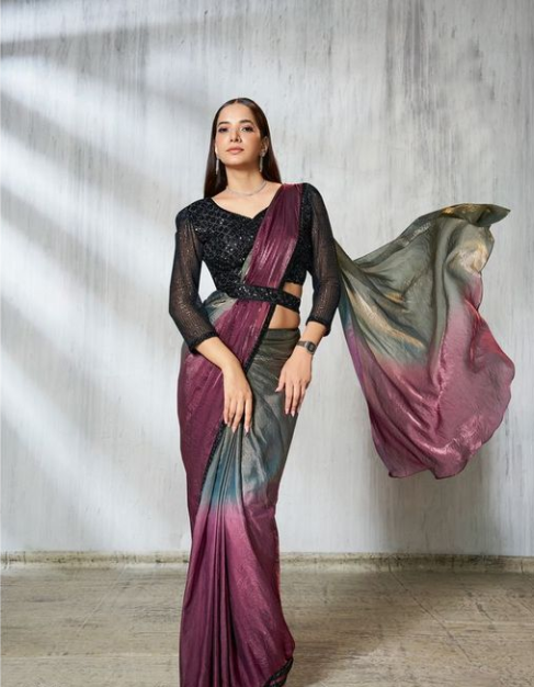 Dual Green-Wine Satin Silk Soirée Saree | Beads & Sequence Embroidery with Fancy Sleeves