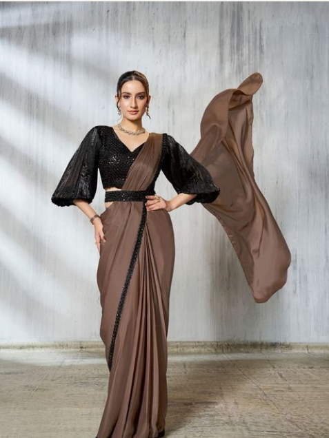 Chiku Satin Silk Soirée Saree | Beads Embroidery with Crushed Sleeve Belt