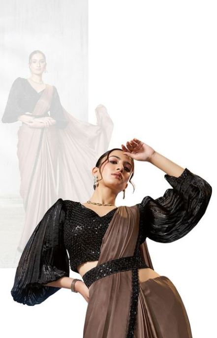 Chiku Satin Silk Soirée Saree | Beads Embroidery with Crushed Sleeve Belt