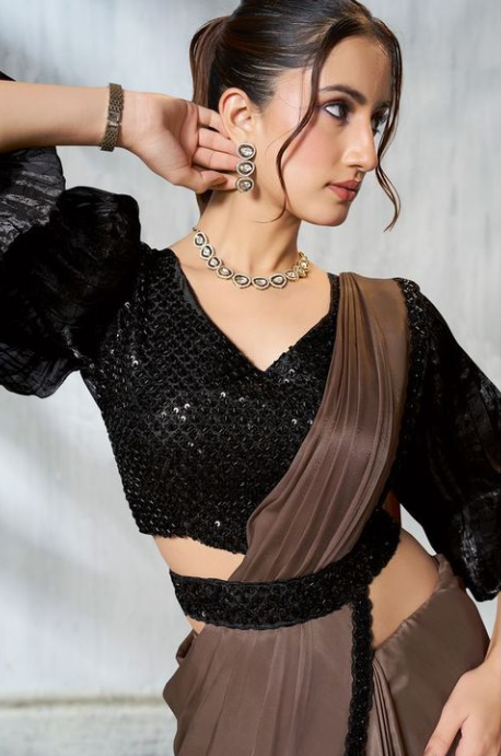 Chiku Satin Silk Soirée Saree | Beads Embroidery with Crushed Sleeve Belt