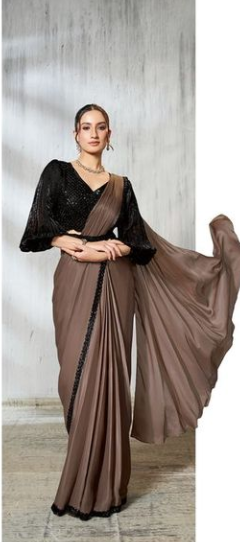 Chiku Satin Silk Soirée Saree | Beads Embroidery with Crushed Sleeve Belt