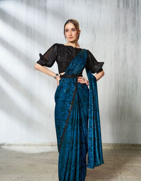 Rama Satin Silk Soirée Saree | Beads Embroidery with Crushed Sleeve Belt