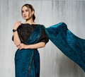 Rama Satin Silk Soirée Saree | Beads Embroidery with Crushed Sleeve Belt