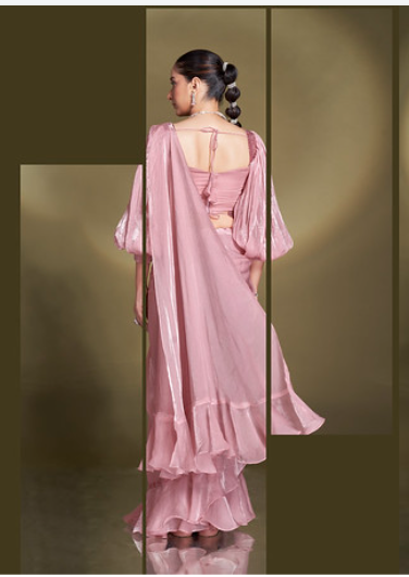 Baby Pink Two Tone Satin Silk Saree | Sequins & Beads Aari Work with Lantern Sleeves Blouse