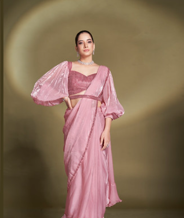 Baby Pink Two Tone Satin Silk Saree | Sequins & Beads Aari Work with Lantern Sleeves Blouse