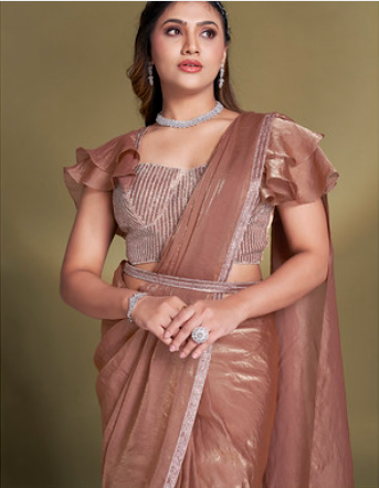 Rust Two Tone Satin Silk Ready-to-Wear Saree | Sequins & Ruffle Sleeves Blouse