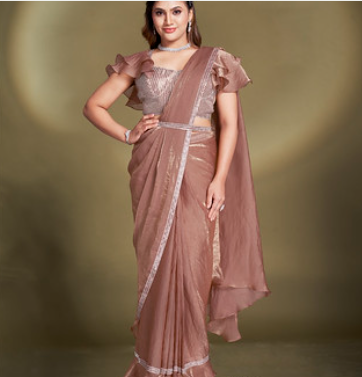 Rust Two Tone Satin Silk Ready-to-Wear Saree | Sequins & Ruffle Sleeves Blouse