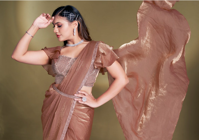Rust Two Tone Satin Silk Ready-to-Wear Saree | Sequins & Ruffle Sleeves Blouse