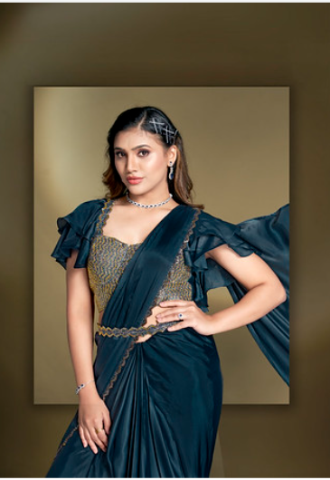 Teal Blue Crepe Satin Silk Ready-to-Wear Saree | Sequins & Ruffle Sleeves Blouse