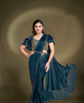 Teal Blue Crepe Satin Silk Ready-to-Wear Saree | Sequins & Ruffle Sleeves Blouse