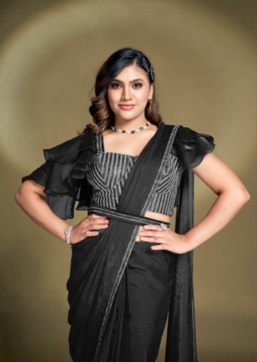 Black Two Tone Satin Silk Ready-to-Wear Saree | Sequins & Ruffle Sleeves Blouse