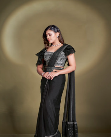 Black Two Tone Satin Silk Ready-to-Wear Saree | Sequins & Ruffle Sleeves Blouse