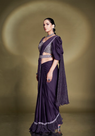 Purple Crepe Satin Silk Ready-to-Wear Saree | Sequins & Puffed Sleeves Blouse