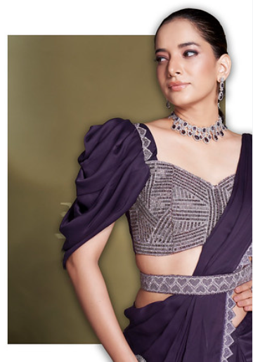 Purple Crepe Satin Silk Ready-to-Wear Saree | Sequins & Puffed Sleeves Blouse