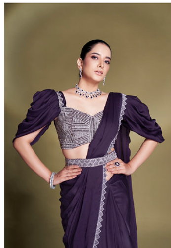 Purple Crepe Satin Silk Ready-to-Wear Saree | Sequins & Puffed Sleeves Blouse