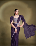 Purple Crepe Satin Silk Ready-to-Wear Saree | Sequins & Puffed Sleeves Blouse