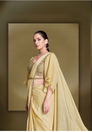 Yellow Crepe Satin Silk Ready-to-Wear Saree | Sequins & Flared Bell Sleeves Blouse