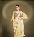 Yellow Crepe Satin Silk Ready-to-Wear Saree | Sequins & Flared Bell Sleeves Blouse