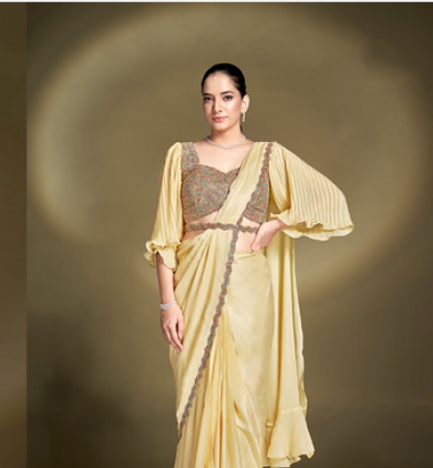 Yellow Crepe Satin Silk Ready-to-Wear Saree | Sequins & Flared Bell Sleeves Blouse