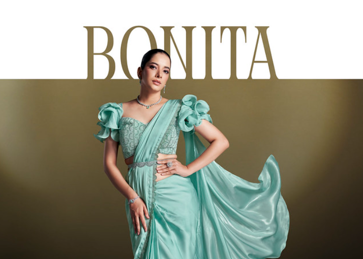 Sea Green Crepe Satin Silk Ready-to-Wear Saree | Sequins & Ruffle Sleeves Blouse