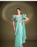 Sea Green Crepe Satin Silk Ready-to-Wear Saree | Sequins & Ruffle Sleeves Blouse