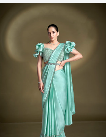 Sea Green Crepe Satin Silk Ready-to-Wear Saree | Sequins & Ruffle Sleeves Blouse