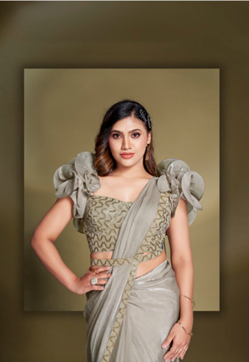 Grey Two Tone Satin Silk Ready-to-Wear Saree | Sequins & Ruffle Sleeves Blouse