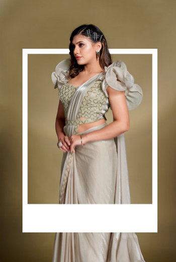 Grey Two Tone Satin Silk Ready-to-Wear Saree | Sequins & Ruffle Sleeves Blouse