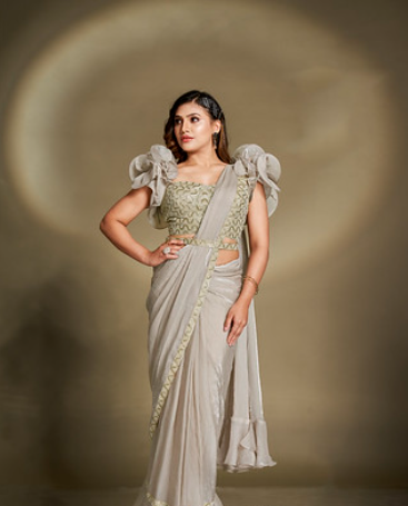 Grey Two Tone Satin Silk Ready-to-Wear Saree | Sequins & Ruffle Sleeves Blouse