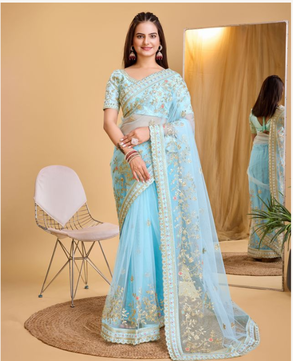 Sky Blue Soft Net Party Wear Saree | Designer Embroidered Celestial Grace