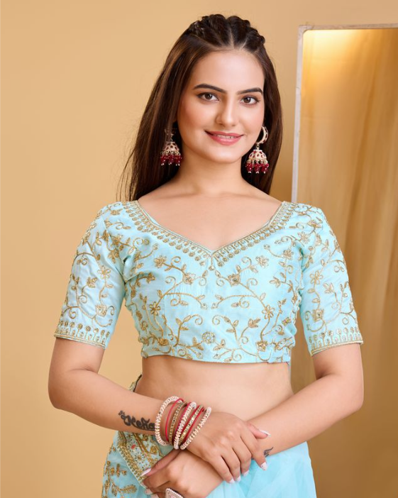 Sky Blue Soft Net Party Wear Saree | Designer Embroidered Celestial Grace