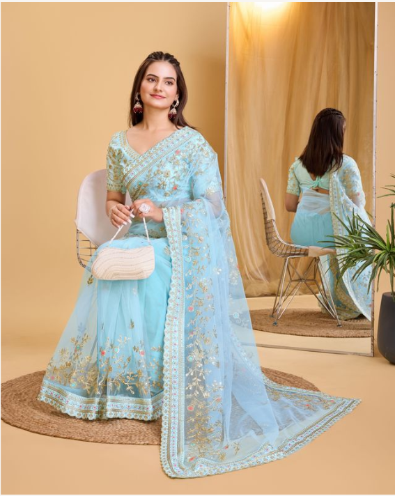 Sky Blue Soft Net Party Wear Saree | Designer Embroidered Celestial Grace