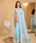 Sky Blue Soft Net Party Wear Saree | Designer Embroidered Celestial Grace