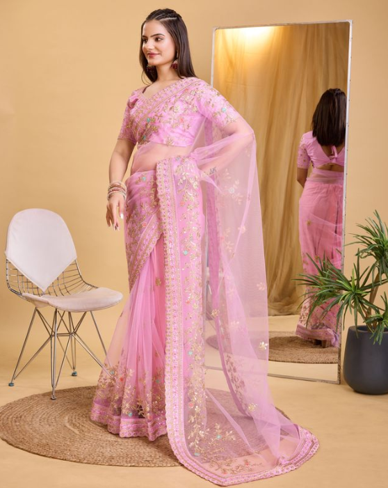 Blushing Pink Soft Net Party Wear Saree | Designer Embroidered Romantic Radiance