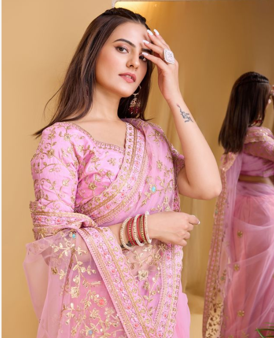 Blushing Pink Soft Net Party Wear Saree | Designer Embroidered Romantic Radiance