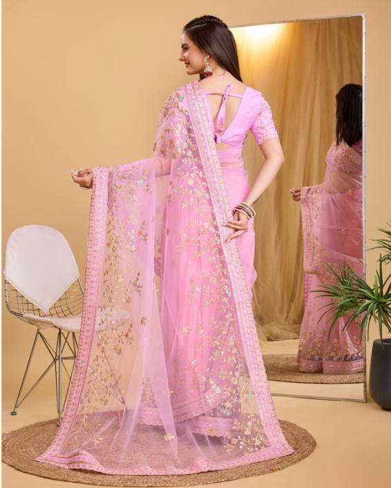 Blushing Pink Soft Net Party Wear Saree | Designer Embroidered Romantic Radiance