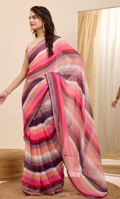 Pink Georgette Ready To Wear Saree with Peach Blouse | Designer Printed Art Silk Couture