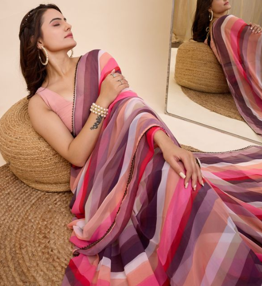 Pink Georgette Ready To Wear Saree with Peach Blouse | Designer Printed Art Silk Couture