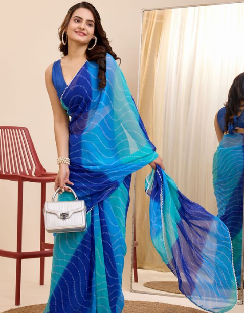 Blue Georgette Ready To Wear Saree | Designer Printed Art Silk Couture