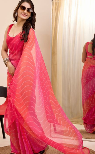Gajri Georgette Ready To Wear Saree | Designer Printed Art Silk Couture