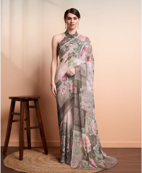 Soft Peach Georgette Party Wear Saree | Designer Printed Georgette Blouse Ensemble