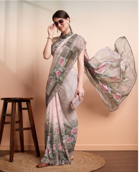 Soft Peach Georgette Party Wear Saree | Designer Printed Georgette Blouse Ensemble