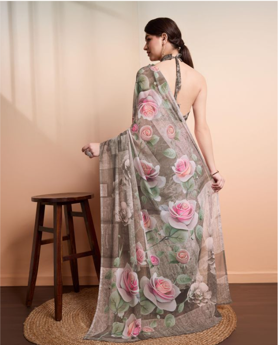 Soft Peach Georgette Party Wear Saree | Designer Printed Georgette Blouse Ensemble