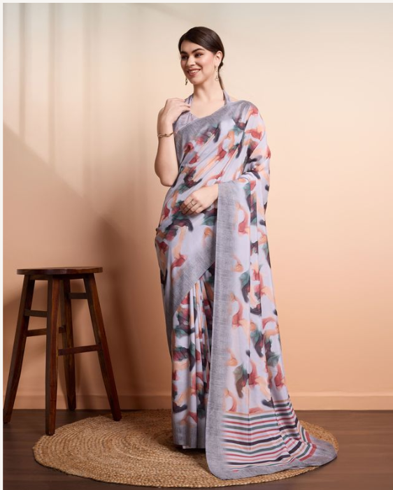 Elegant Grey Georgette Party Wear Saree | Designer Printed Georgette Blouse Ensemble